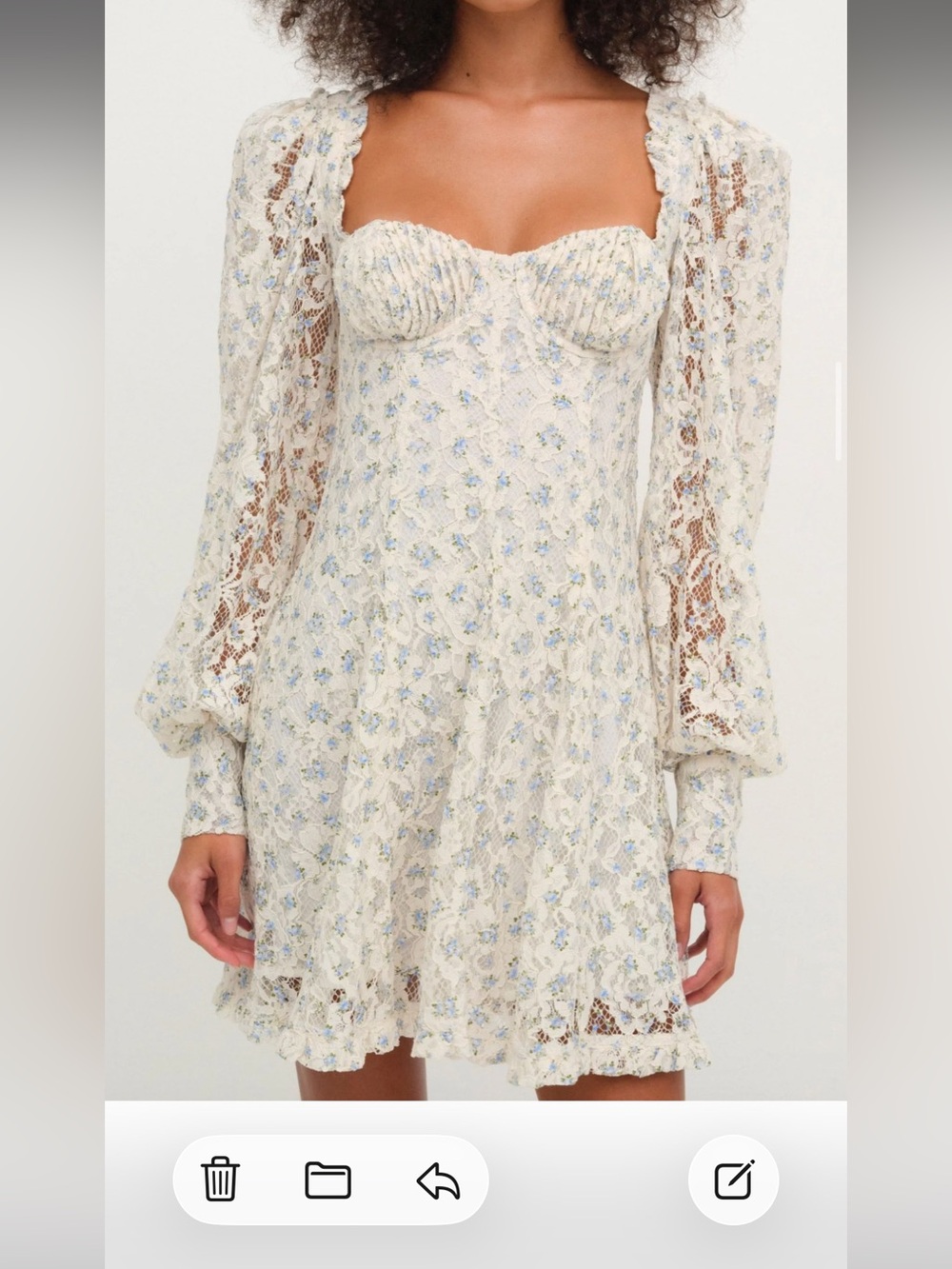 For love and lemons floral Lace Puff-Sleeve Mini Dress in Cream and Blue